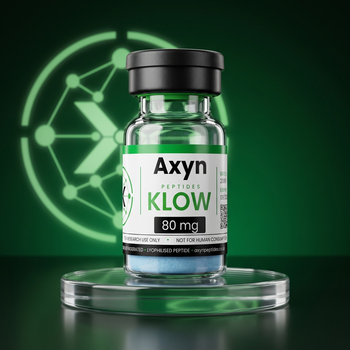 Axyn Peptides KLOW blend 80 mg (GHK-Cu + BPC-157 + TB-500 + KPV) research peptide vial, lyophilised, for research use only