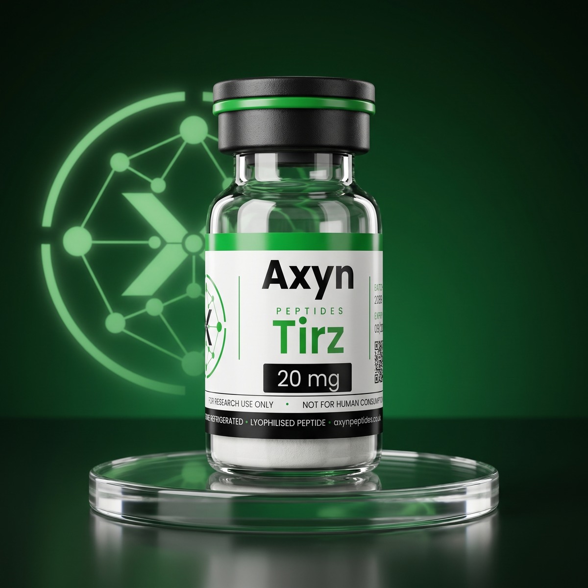Axyn Peptides Tirz 20 mg (Tirzepatide (LY3298176)) research peptide vial, lyophilised, for research use only
