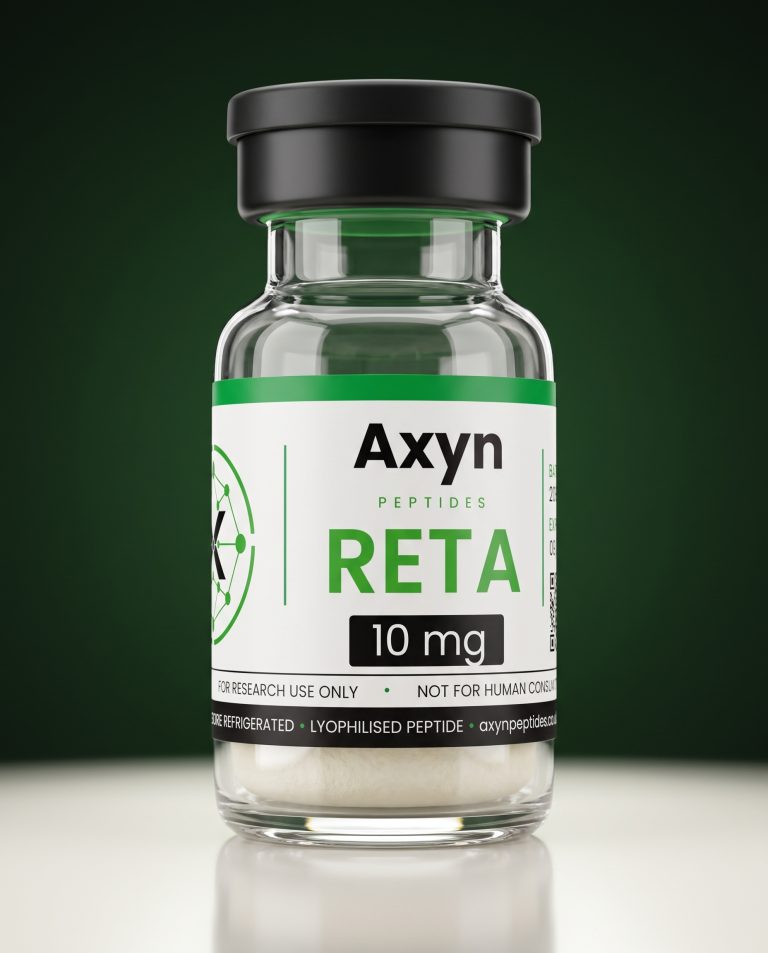 Retatrutide research peptide vial from Axyn Peptides, lyophilised, third-party tested, for laboratory research use only